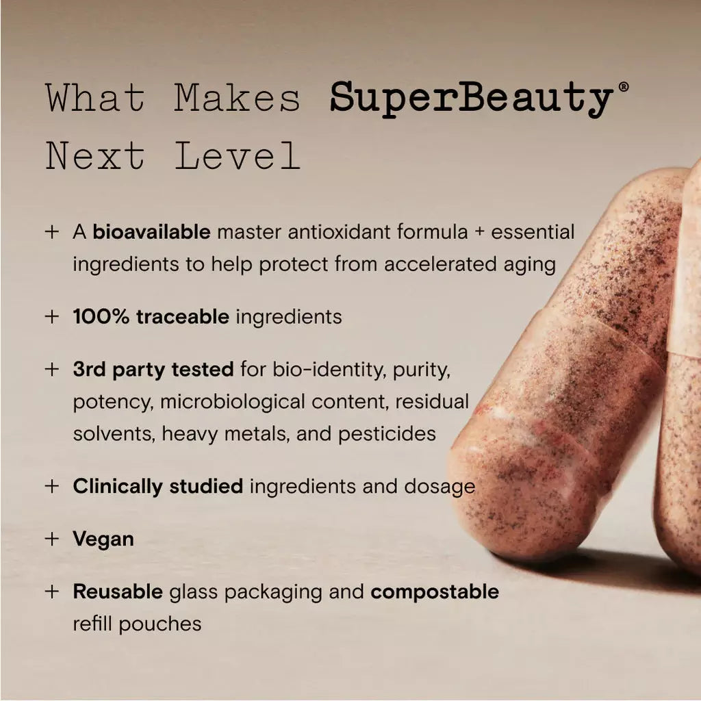 A promotional image highlighting the features of the superbeautyÂ® brand, including bioavailable antioxidants, certified ingredients, clinically studied products, and eco-friendly packaging.