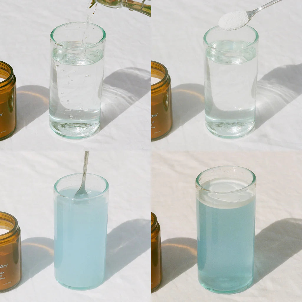 A step-by-step process of a powder being poured into a glass of water, getting stirred, and dissolving to create a blue solution.
