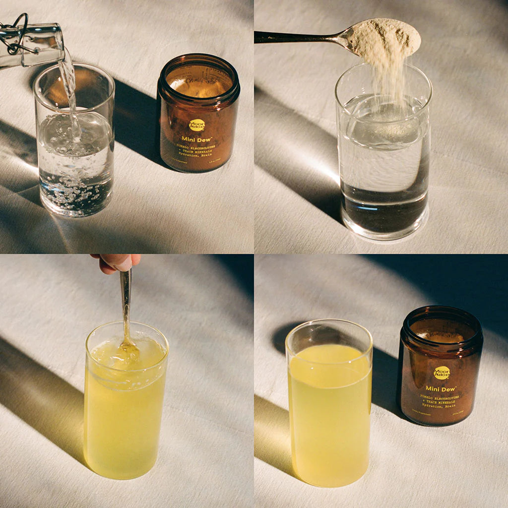 Sequence of images showing the preparation of a drink using a powder mix.
