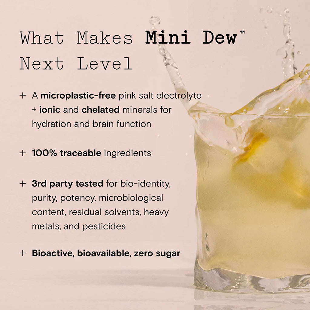 Glass of liquid with splashing effect, accompanied by a list of characteristics and benefits emphasizing its micro-level composition and health-focused ingredients.