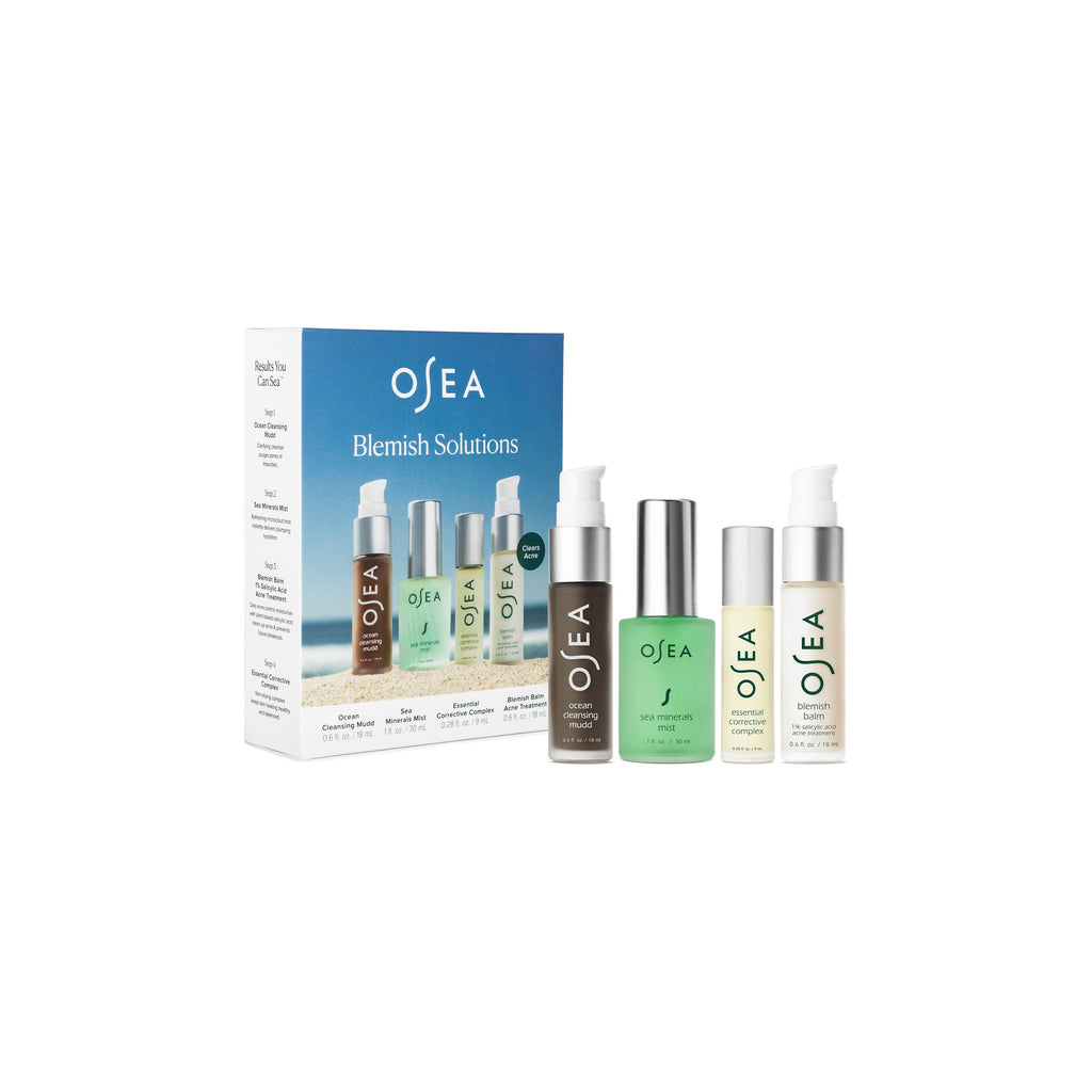 Skincare product range from osea featuring blemish solutions with various bottles and a packaging box.