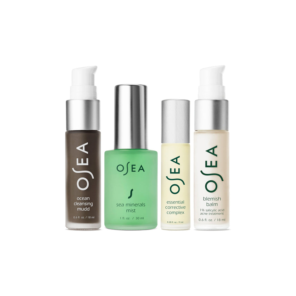 A collection of four skincare products from osea featuring cleanser, sea minerals mist, corrective complex, and blemish balm.