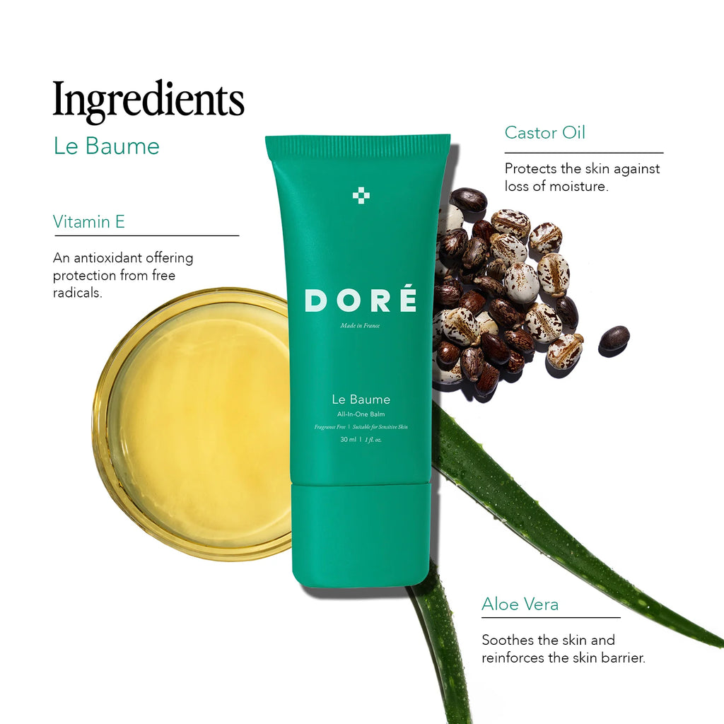A flat lay composition showcasing a tube of dore lip balm and its natural ingredients, featuring vitamin e, castor oil, and aloe vera, highlighting their skin benefits.