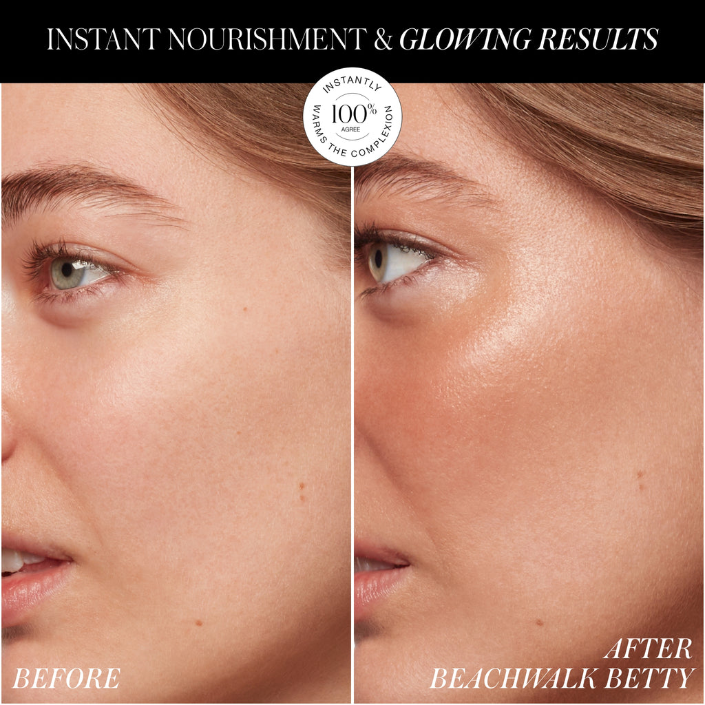 Before and after comparison of a skincare product showing improved skin texture and glow.