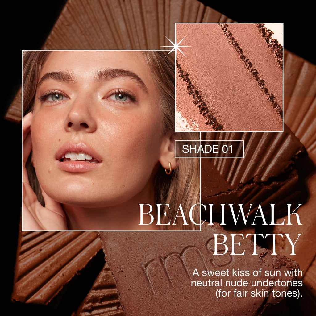 Advertisement for "beachwalk betty" shade 01 makeup with a close-up of a model showcasing the product.