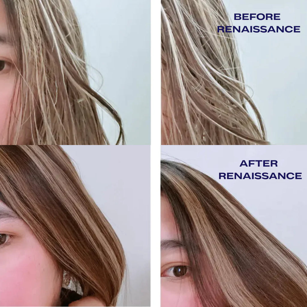 Comparison of hair condition before and after treatment labeled "renaissance".