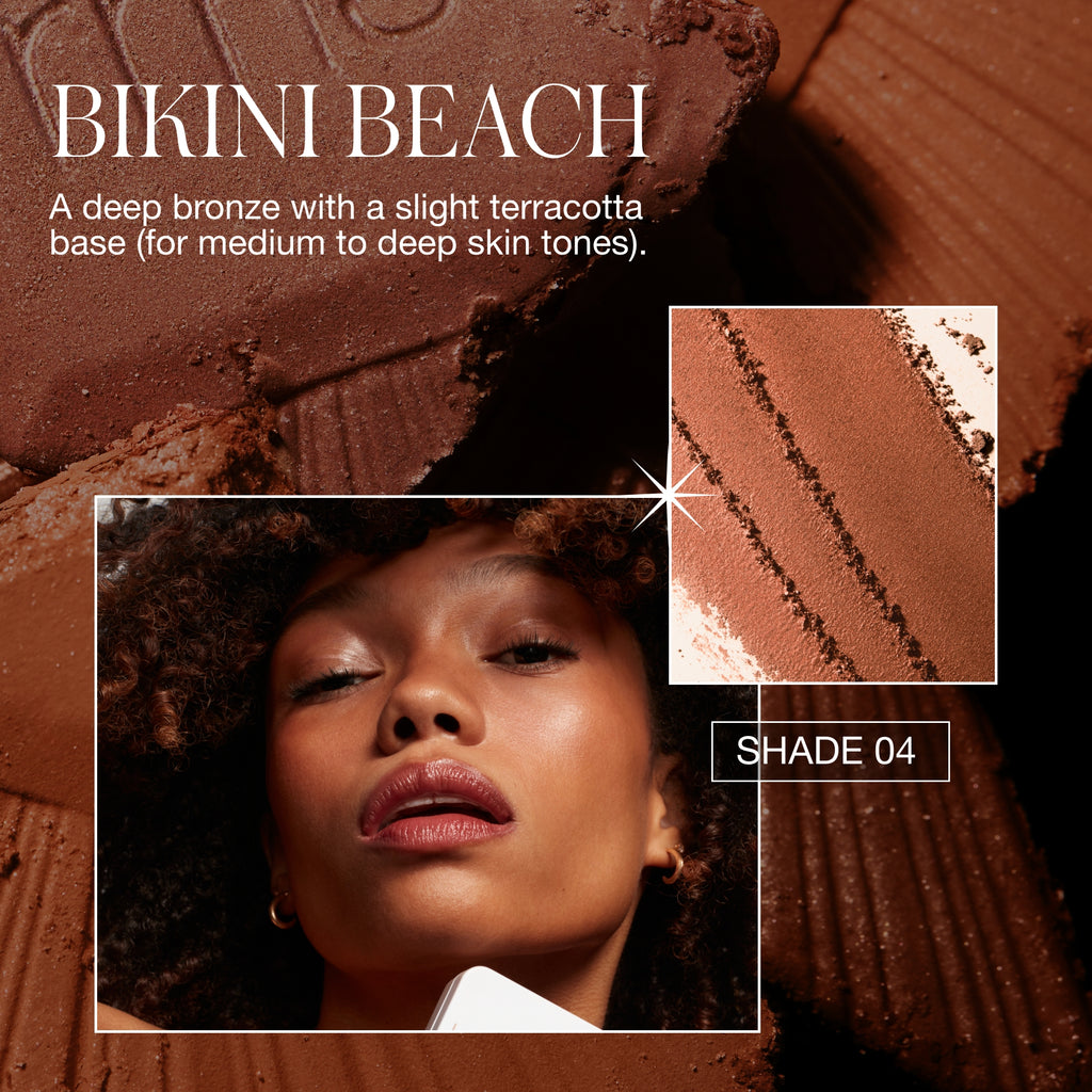 An advertisement for "bikini beach" bronzer, highlighting the shade and texture suitable for medium to deep skin tones.