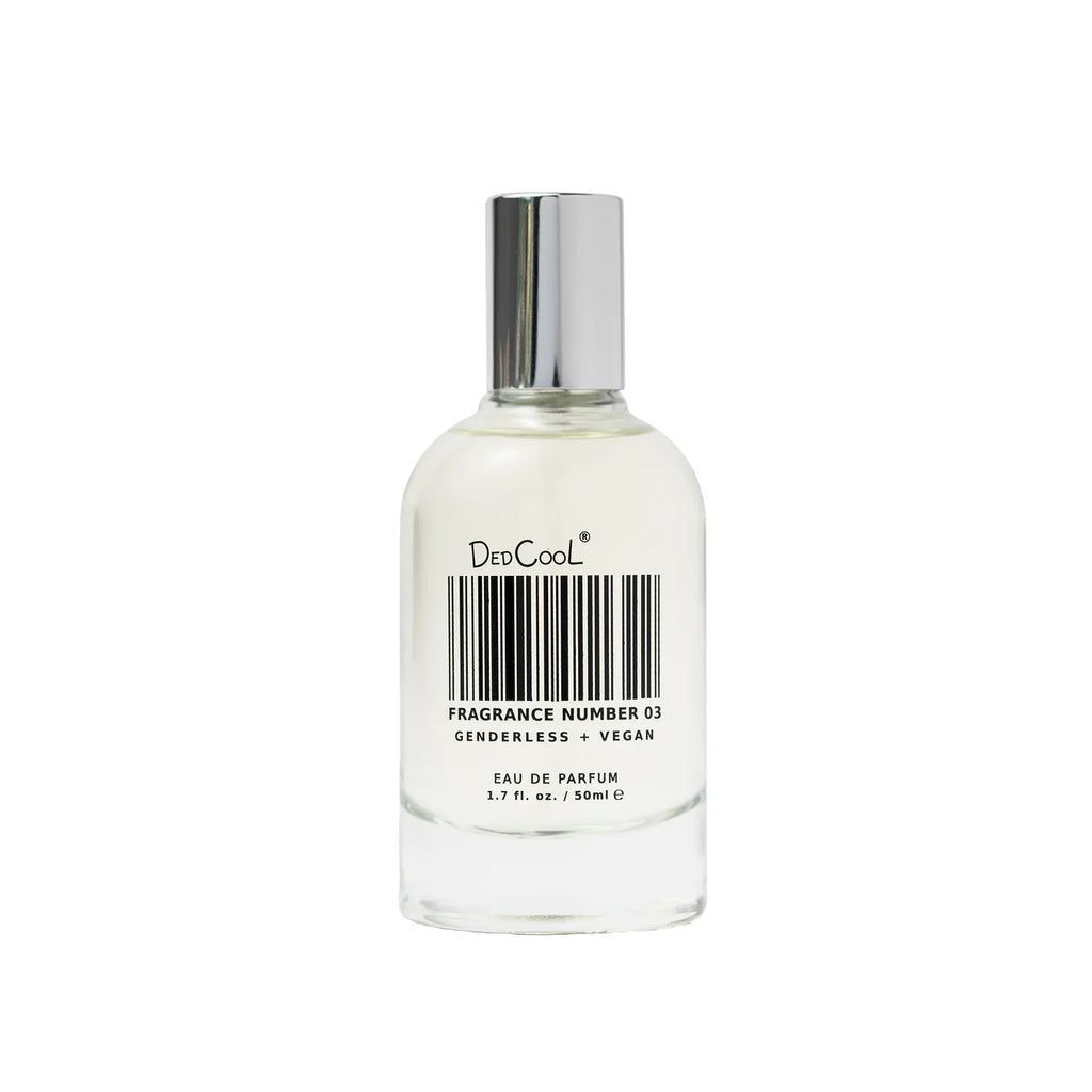 A bottle of dedcool fragrance number 03, labeled as genderless and vegan eau de parfum.