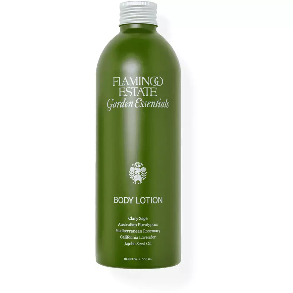 Green bottle of "flamingo estate garden essentials body lotion" with various botanical ingredients listed.