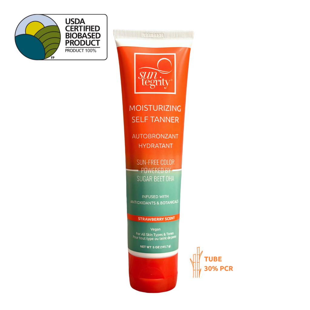 Tube of suntegrity moisturizing self-tanner with a usda certified bio-based product label.