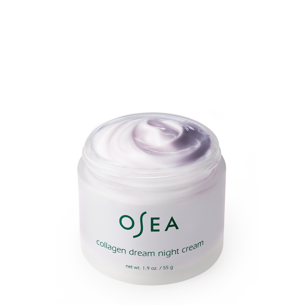 A jar of osea collagen dream night cream on a white background.