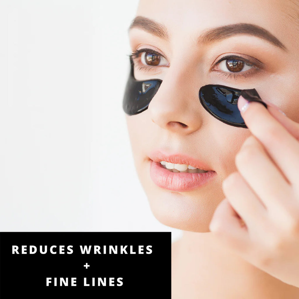 Woman applying under-eye patches, advertised for reducing wrinkles and fine lines.