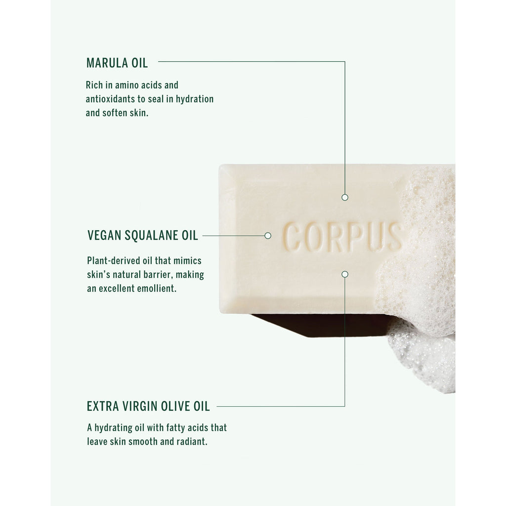bar of corpus soap with the words corpus engraved in the bar of soap and a list of benefits on a white background