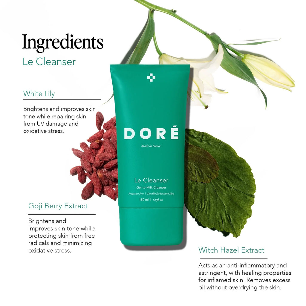A skincare product advertisement highlighting the natural ingredients, including white lily and goji berries, which aim to repair and protect the skin.