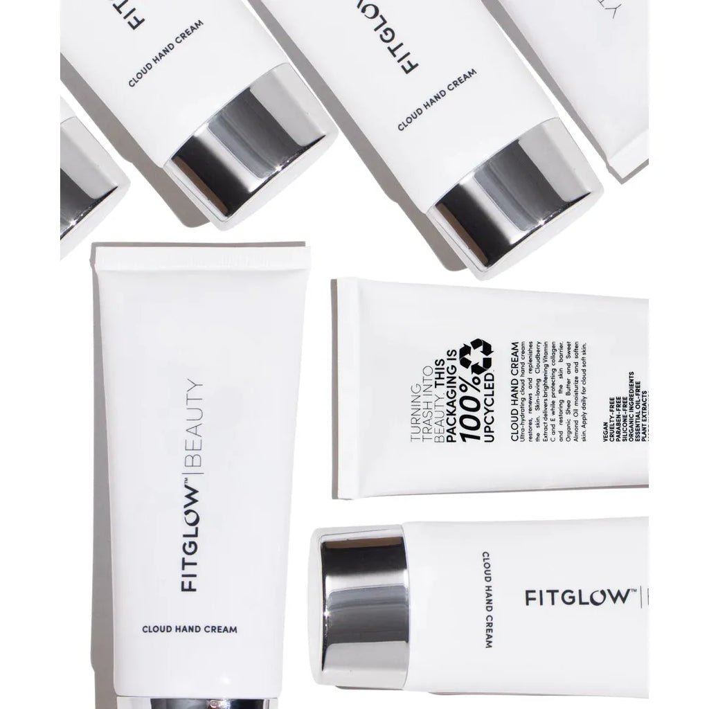 A collection of fitglow beauty skincare products arranged on a white background.