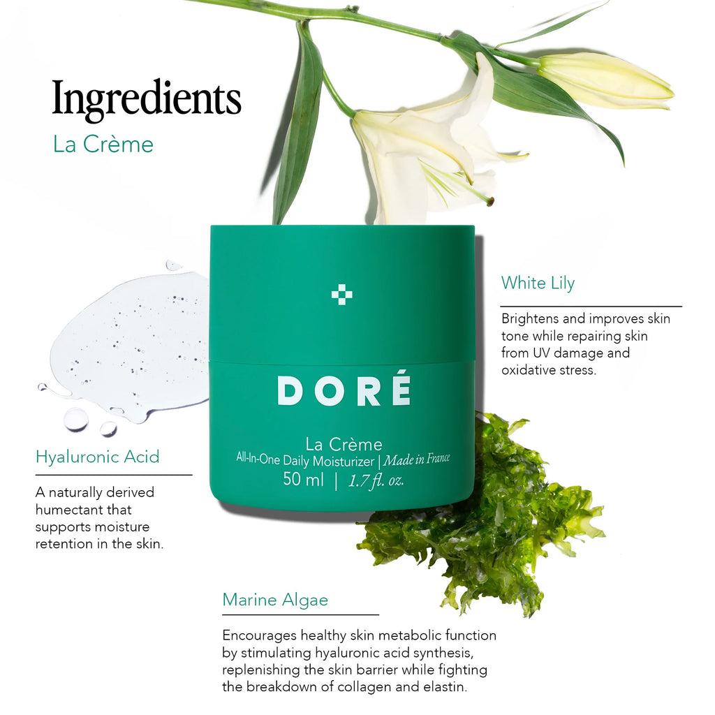 A promotional image showcasing the ingredients and benefits of a skincare product called dore la crÃ¨me.