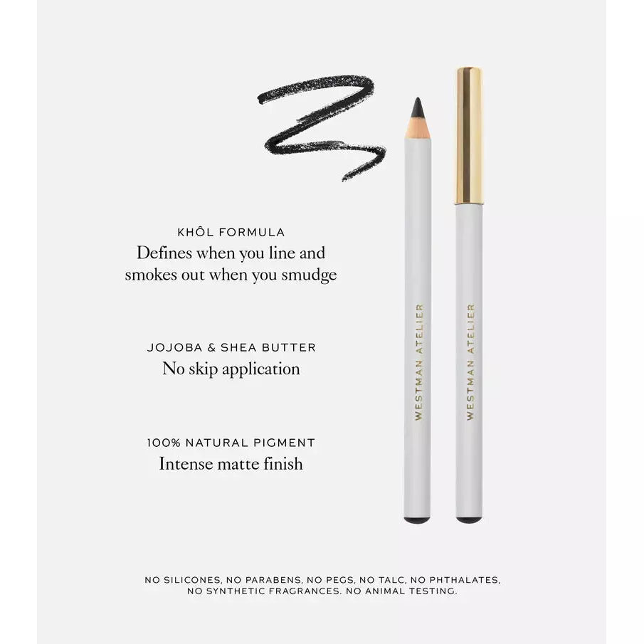 A promotional image highlighting the features of a kohl eye pencil, emphasizing its natural ingredients and cruelty-free qualities.