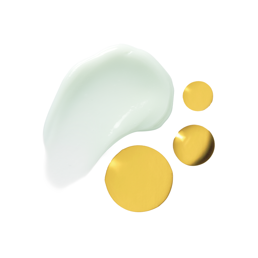 A smear of translucent cream alongside three round, golden dollops on a white background.