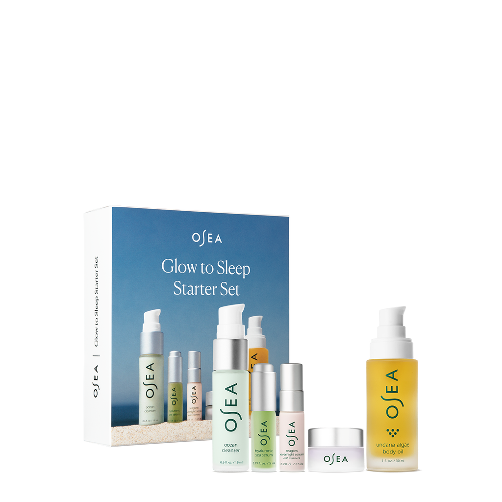 A skincare product collection named "glow to sleep starter set" featuring various packaged bottles and tubes.