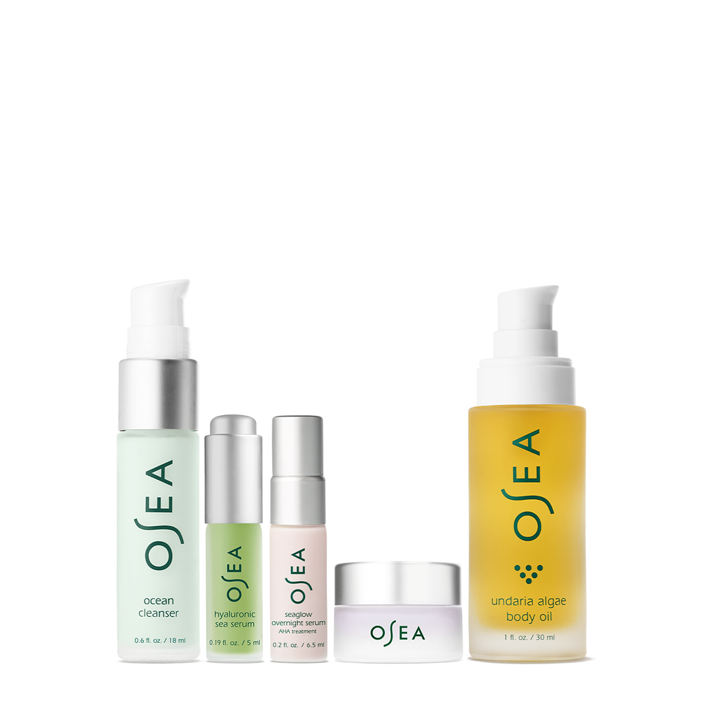 A collection of osea skincare products including ocean cleanser, hyaluronic sea serum, eyes & lips, and undaria algae body oil.