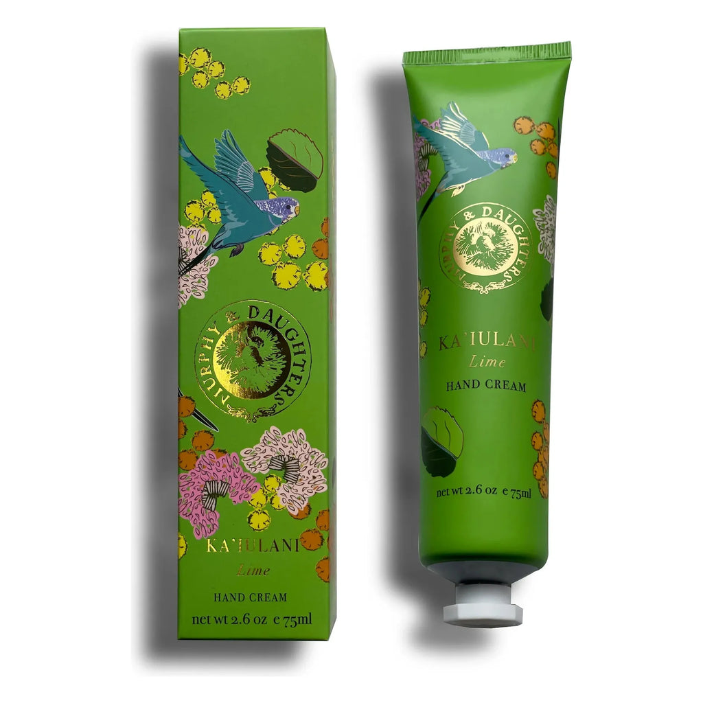 Kukui lime hand cream with colorful floral and bird illustrations on both the tube and the packaging.