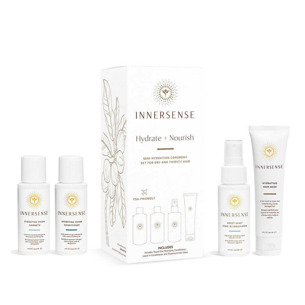 A set of innersense organic beauty hair care products, featuring hydrate & nourish items.