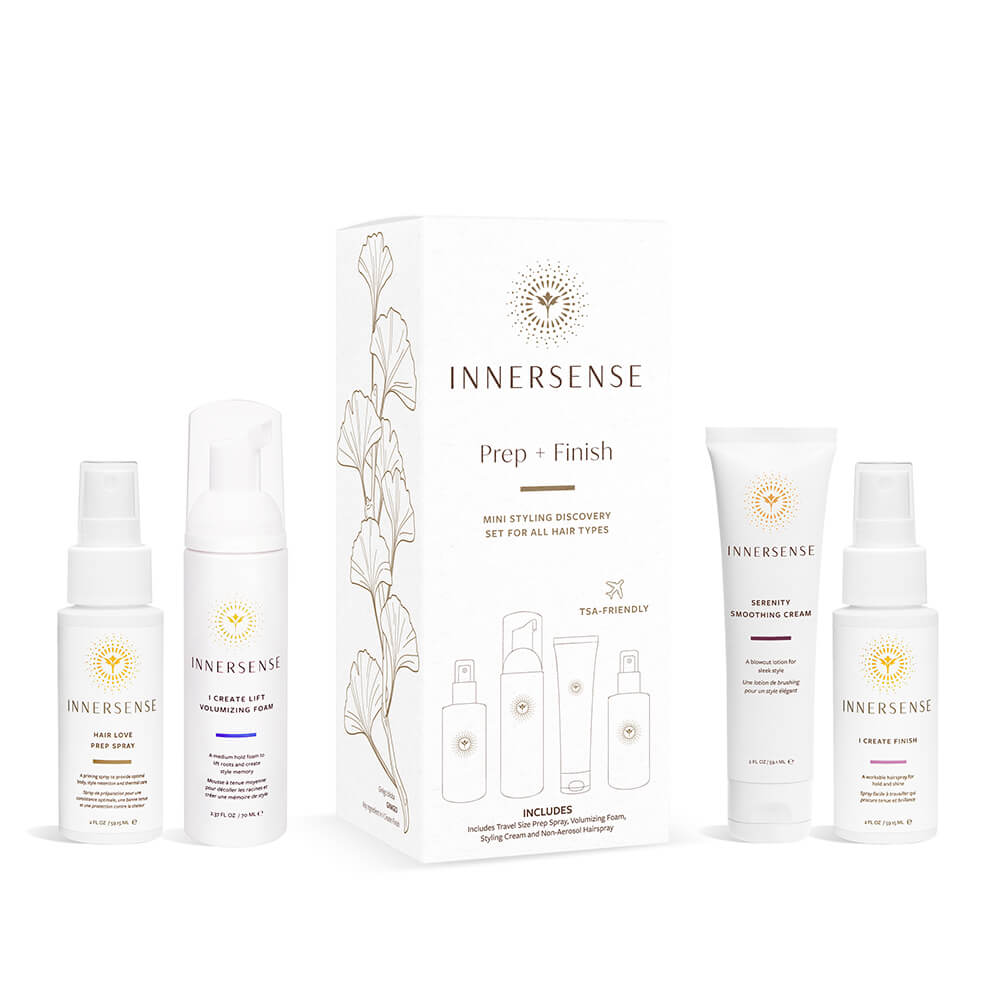 Innersense organic beauty hair care travel set with bottles and packaging displayed.