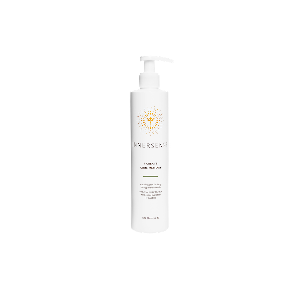 Bottle of innersense organic beauty - i create curl memory hair product on a white background.