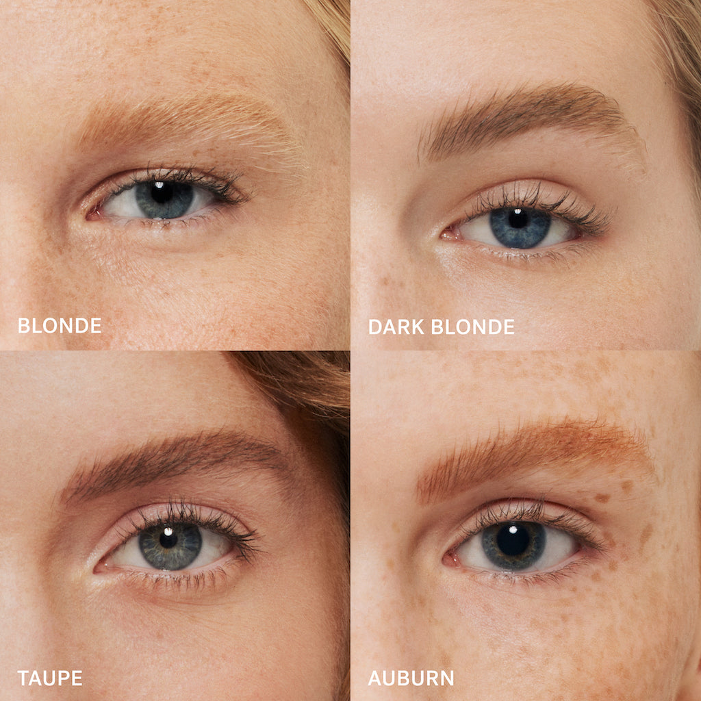 Comparison of eyebrow colors: blonde, dark blonde, taupe, and auburn on individuals.