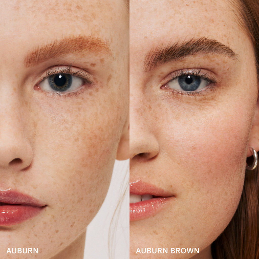 Before and after comparison of a woman's face showing the effect of auburn brown eyebrow makeup.