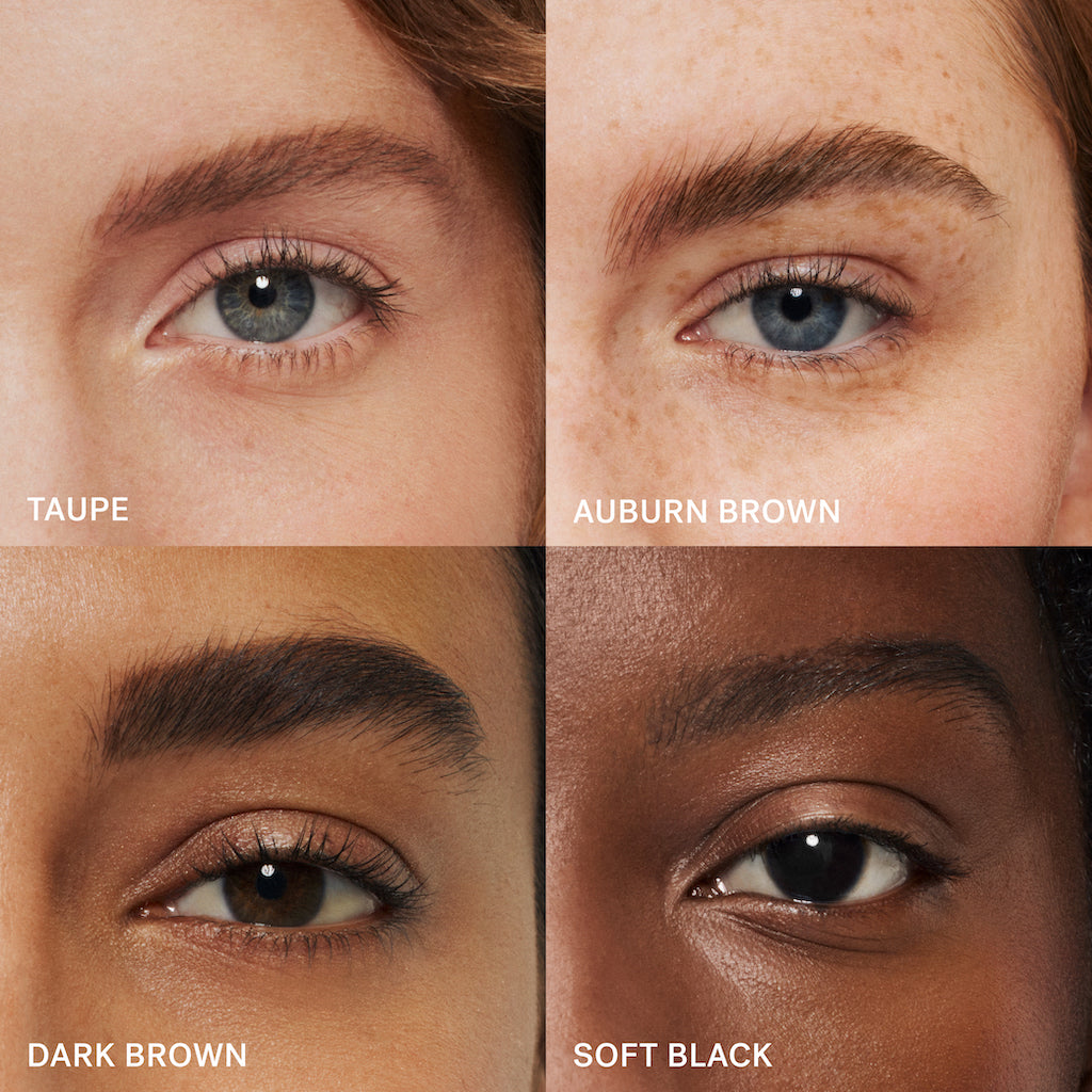 Four close-up images of different eyes with eyebrows in various colors labeled as taupe, auburn brown, dark brown, and soft black.