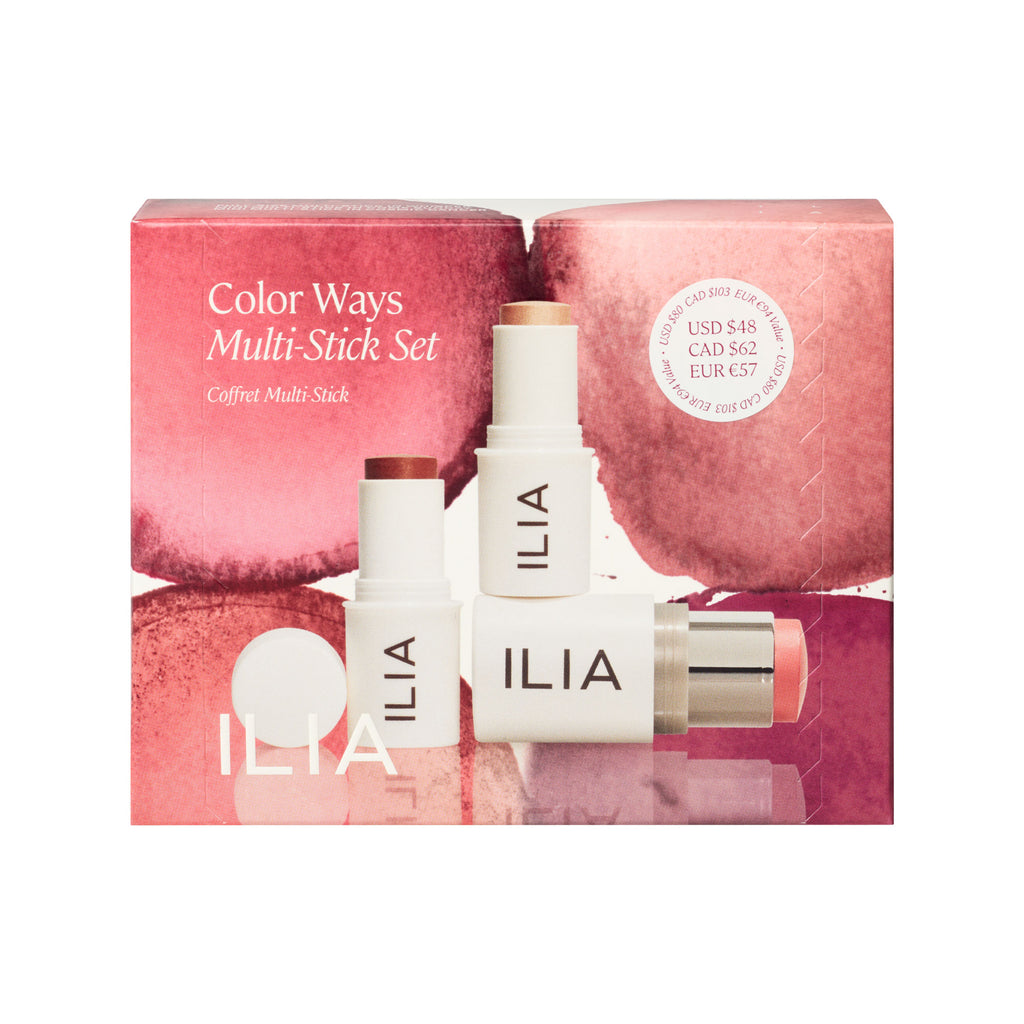 A multi-stick cosmetic set by ilia with packaging displayed.