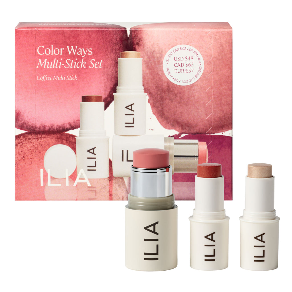 A display of ilia color ways multi-stick set with packaging and product visible.