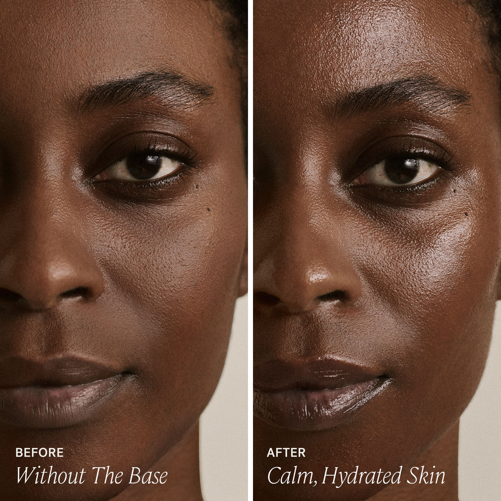 Close-up comparison of a woman's face before and after applying hydrating skin product, demonstrating improved skin texture and moisture.