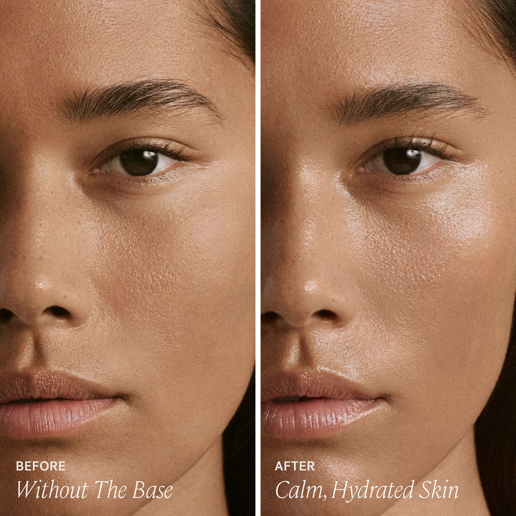Before and after comparison of skin without and with hydrating base product.