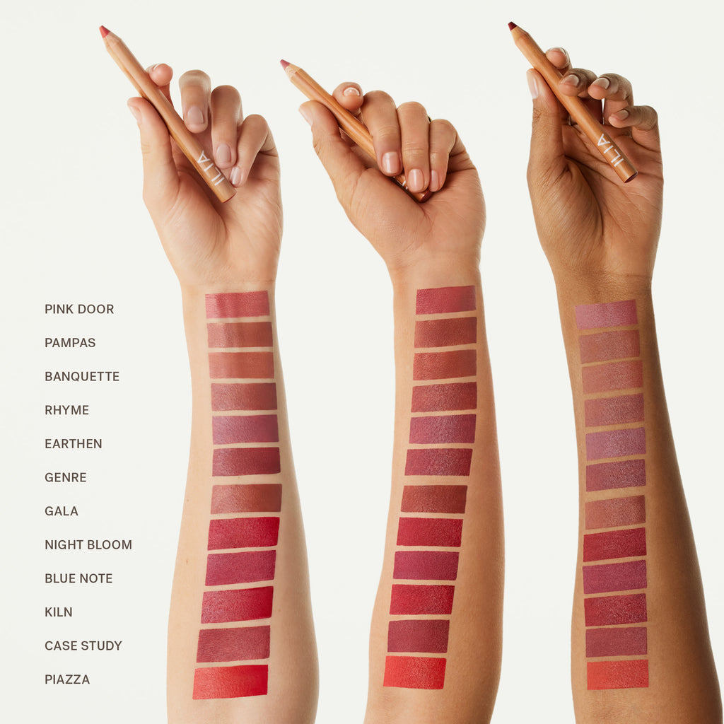 Ilia Lip Sketch color swatches on three different color arms