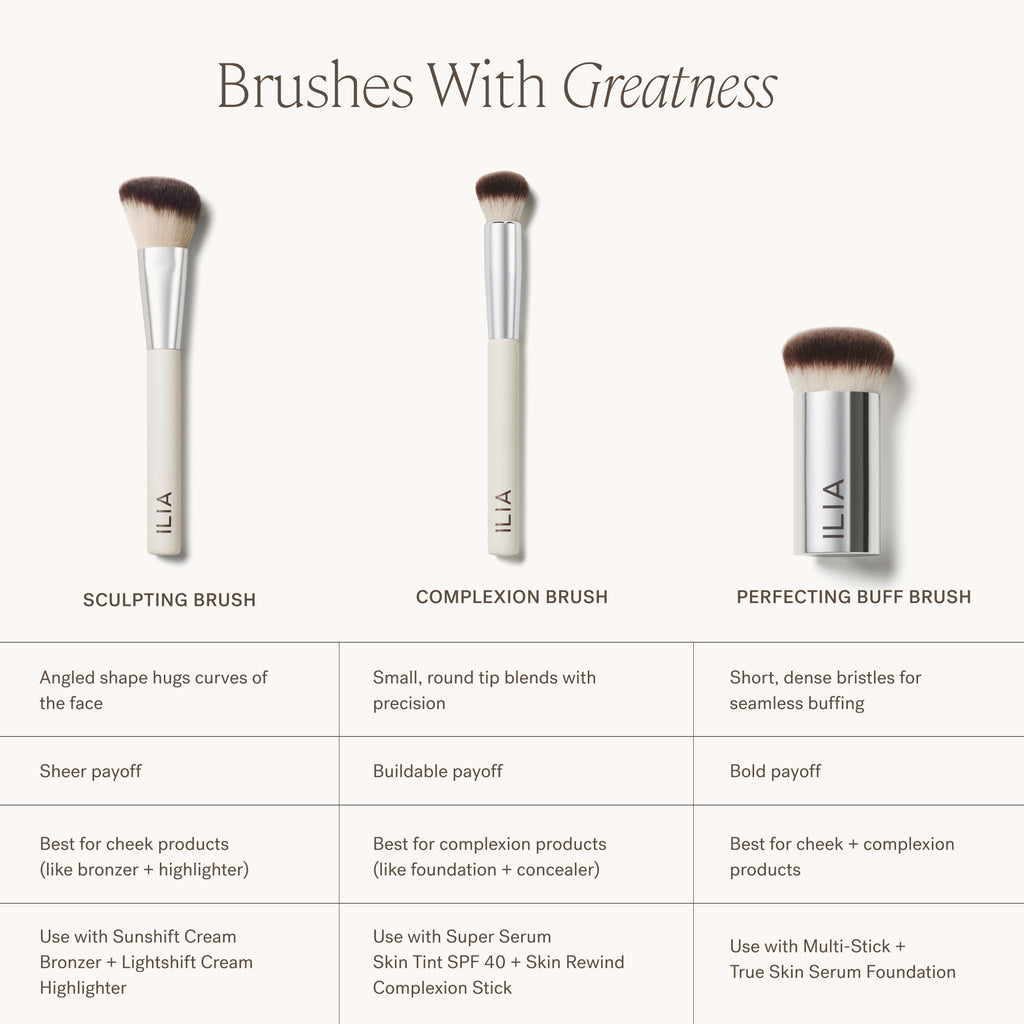 SCULPTING BRUSH, COMPLEXION BRUSH, PERFECTING BUFF BRUSH GRID. ILIA BRUSHES