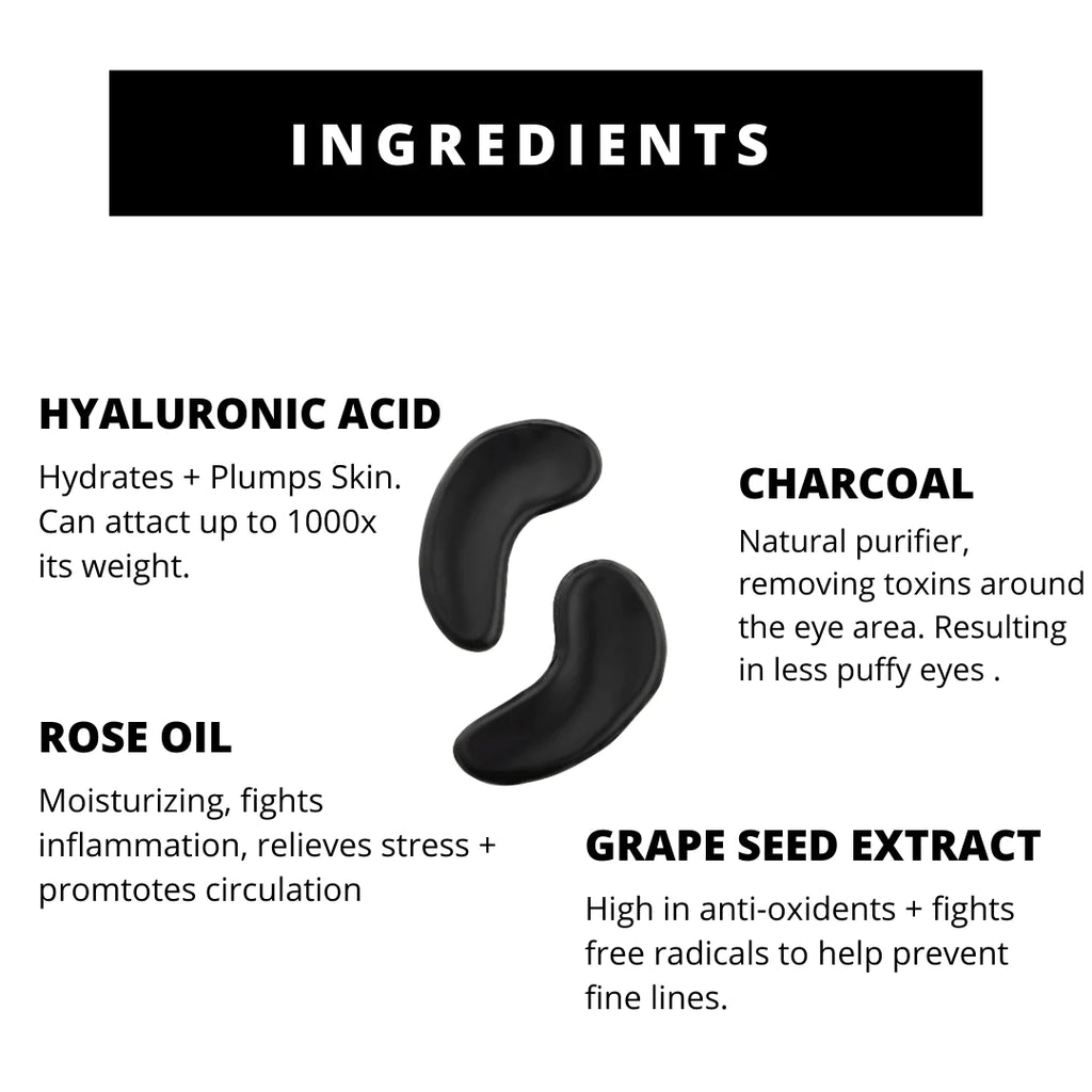 Image of skincare ingredients highlighting the benefits of hyaluronic acid, rose oil, natural purifier, and grape seed extract for skin hydration, moisturization, toxin removal, and anti-aging properties.