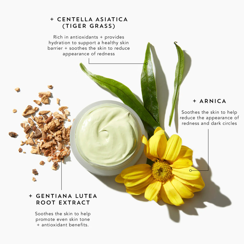Indie Lee Color Balancer surrounded by natural ingredients including Tiger Grass leaves, arnica flower, and gentiana lutea root, highlighting their skin benefits.