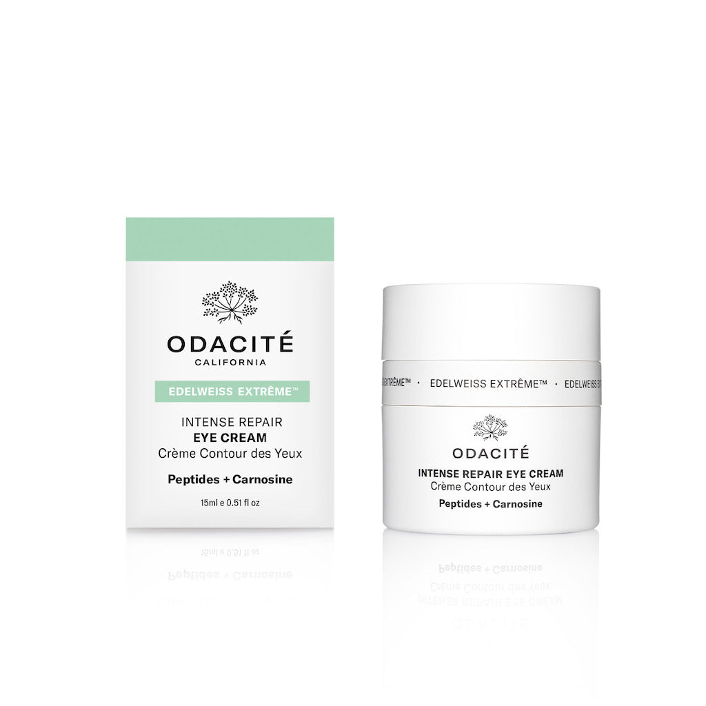 Two odacite skincare products against a white background: a tube of "edelweiss extreme eye cream" and a jar of "intense repair eye crÃ¨me" with peptide and carnos.