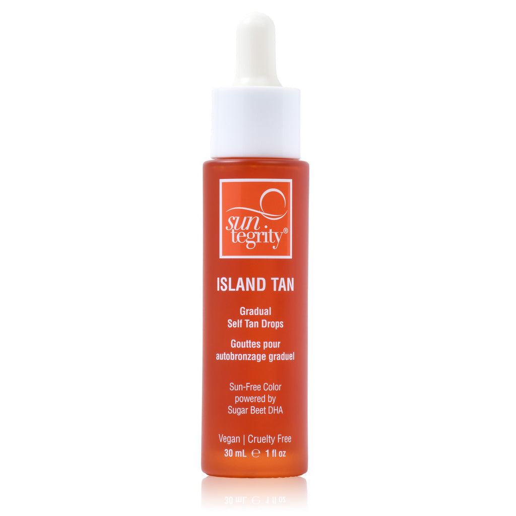 A bottle of sun teoprity island tan self-tanning drops on a white background.