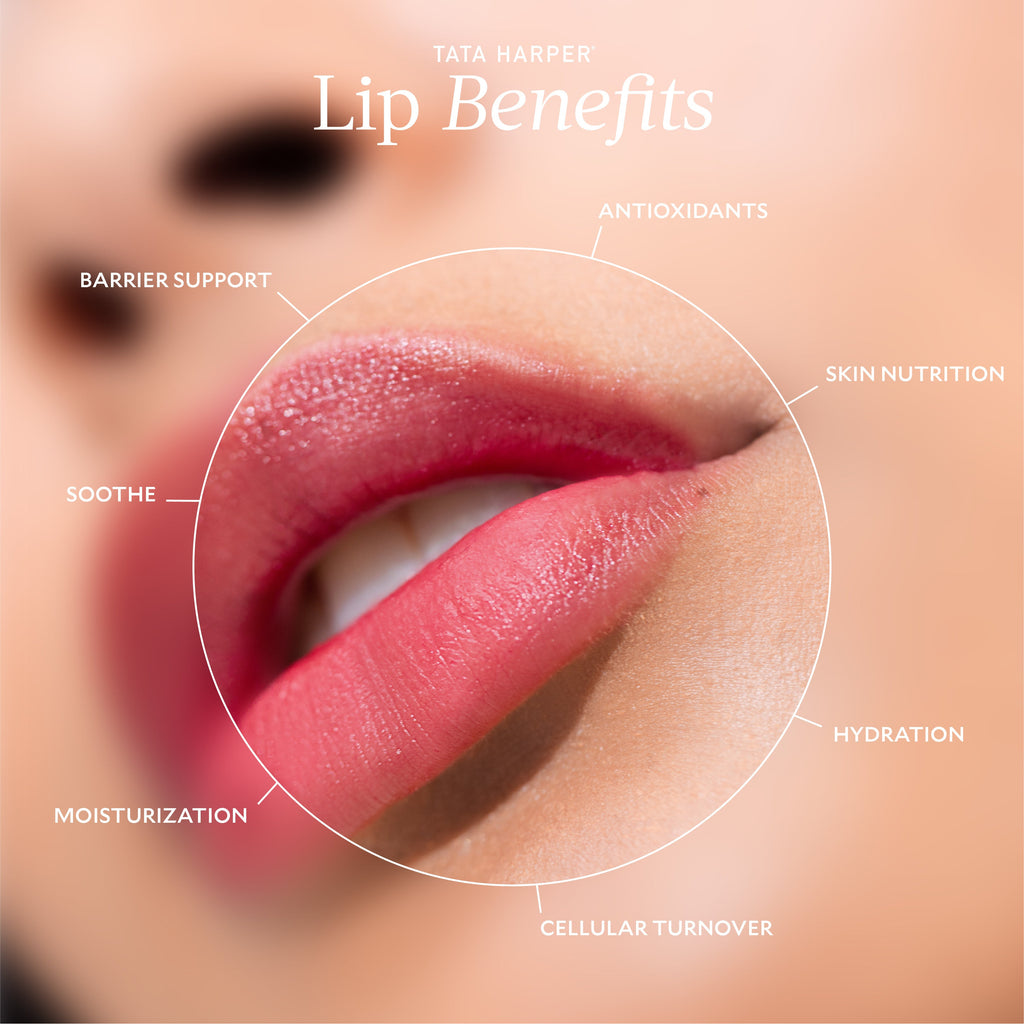 Close-up of lips with annotations highlighting the benefits of a lip care product.
