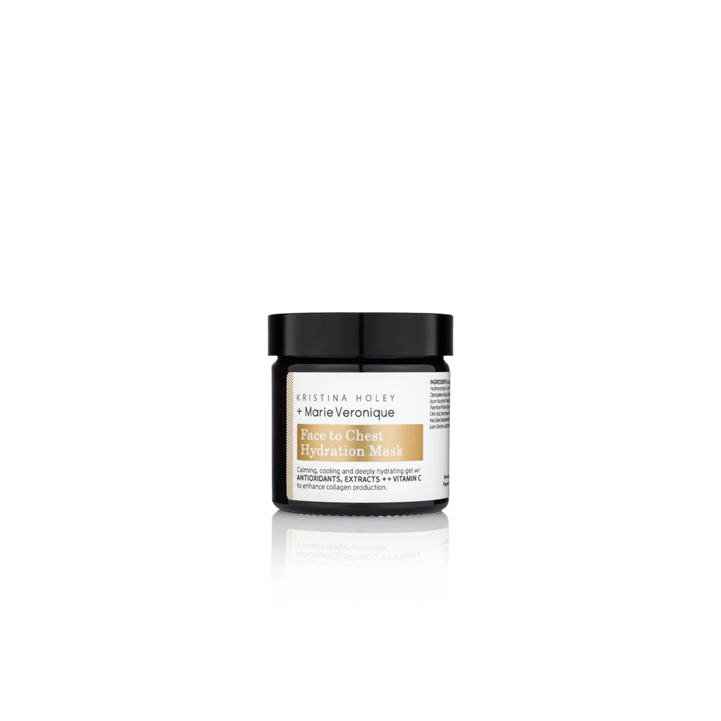 A jar of Marie Veronique Face To Chest Hydration Mask, a hydrating mask with black lid and white label, set on a white background.