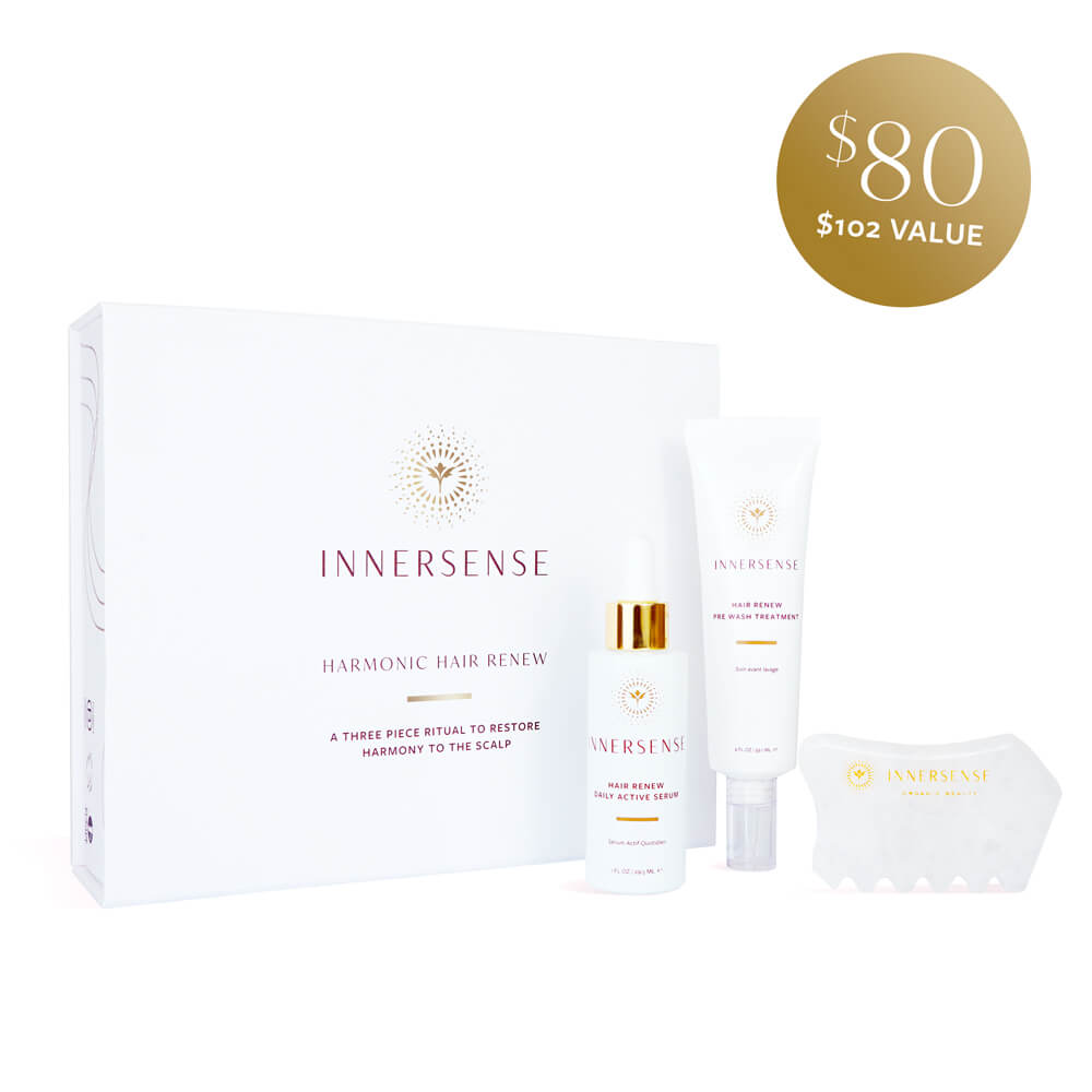 A boxed set of innersense hair care products, advertised with a price tag, showing a bottle and tubes of the product line.