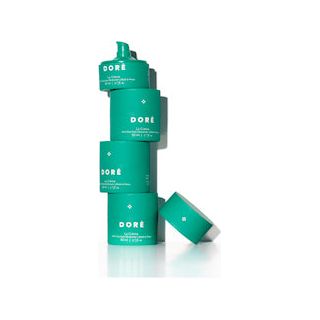 A set of teal skincare products with white labels stacked in a staggered fashion.