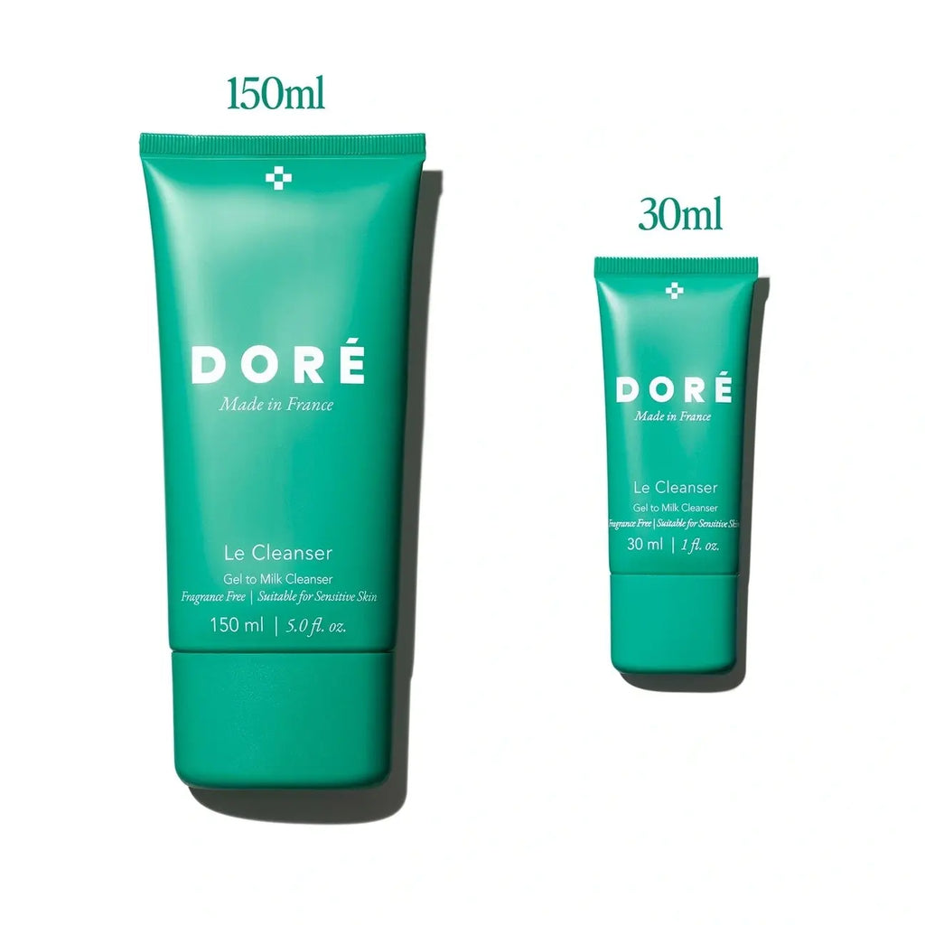 Two sizes of dore made in france facial cleanser tubes, 150ml and 30ml, displayed against a white background.
