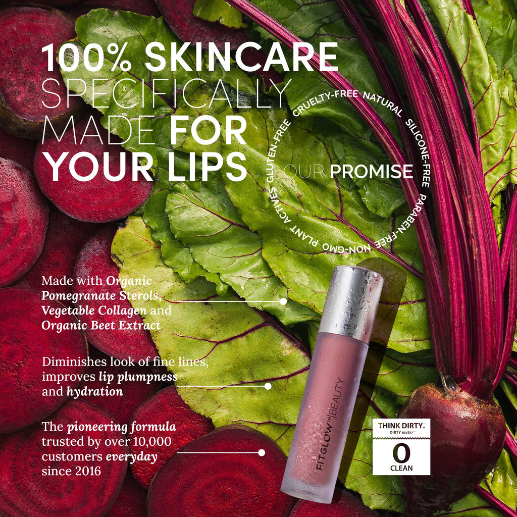 A skincare product, Fitglow 6 Shade Mini Lip Serum Collection, with organic ingredients is displayed among beets. Text highlights features like reducing fine lines, being cruelty-free, and giving a Beach Glow. Used by over 10,000 customers since 2016, it's perfect to buff and restore your lips' natural beauty day or night.