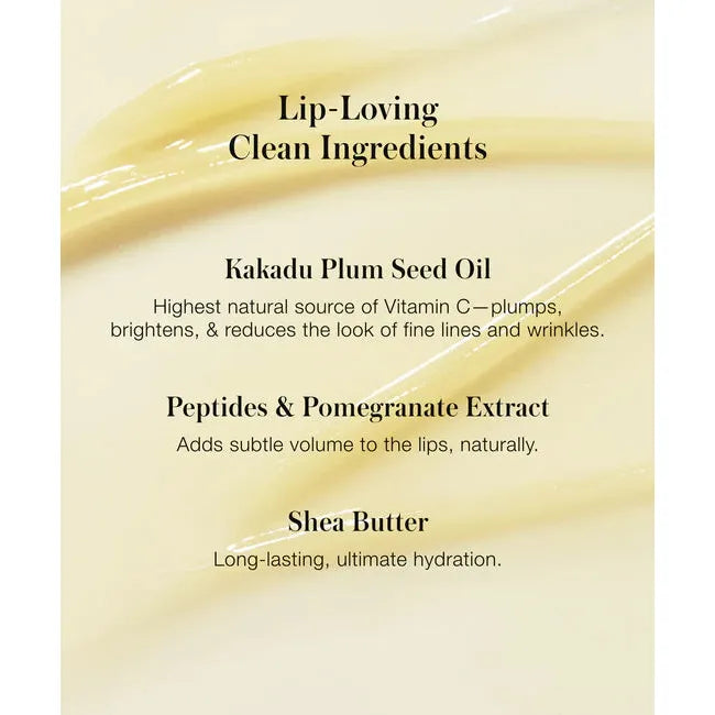 A promotional image highlighting key ingredients in a lip-care product, such as kakadu plum seed oil, peptides & pomegranate extract, and shea butter.