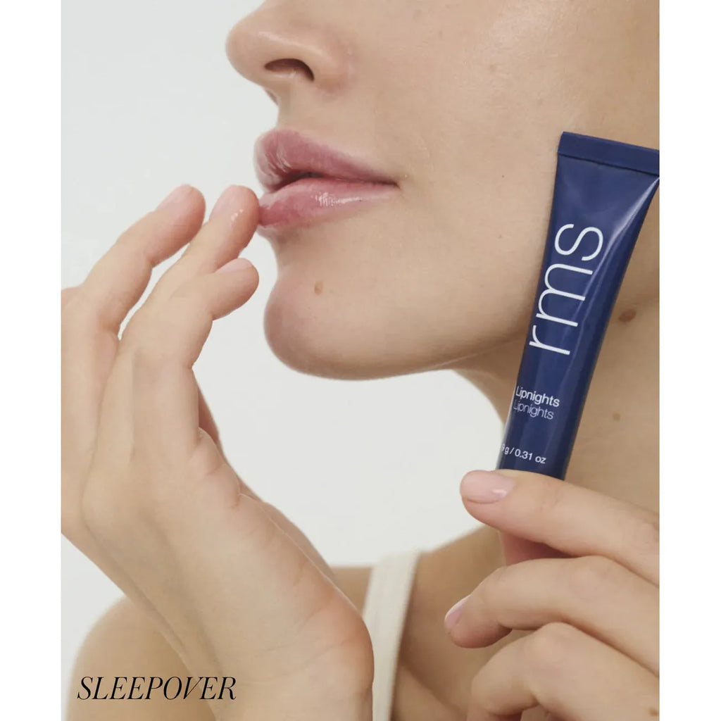 A person holding a skincare product near their chin, with the word "sleepover" captioned at the bottom.