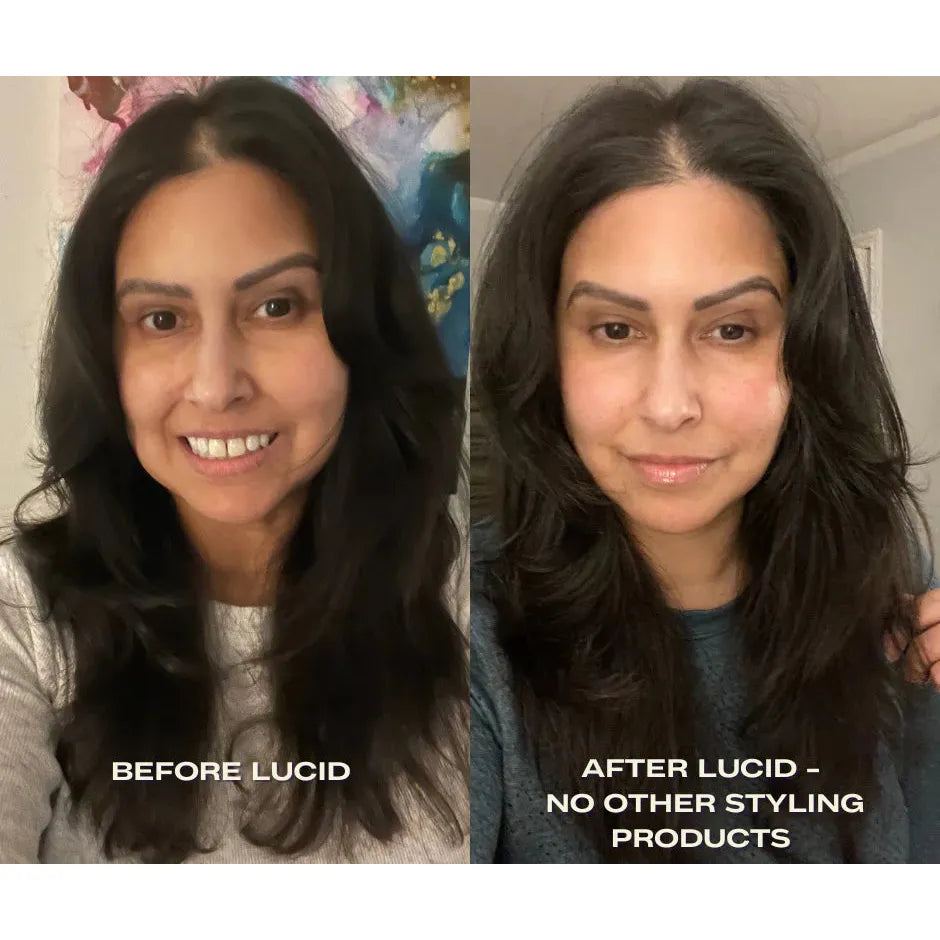 Before and after comparison of a woman's hair styled with "lucid" and no other products.